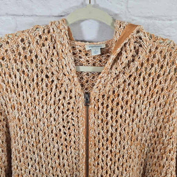 W Sundance Orange Open Knit Full Zip Sweater Jacket Size L Hooded Crochet Slouch - Picture 2 of 10